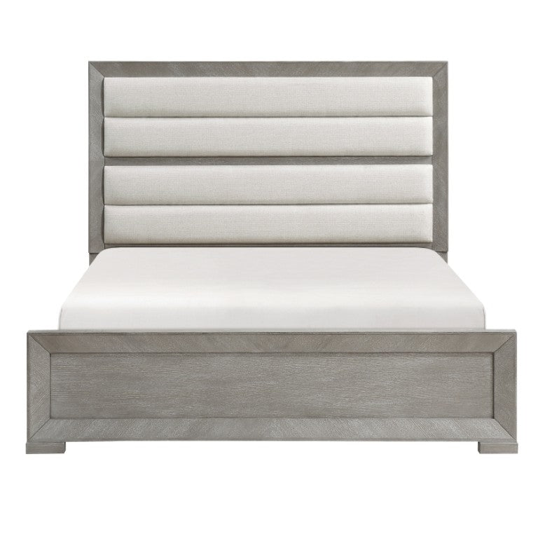 English Elm California King Bedroom Set with Upholstered Headboard Oak Veneer Gray Finish B011S06673