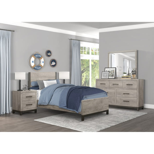English Elm Queen Panel Bed Set with LED Nightstands in Two-Tone Gray Industrial Style B011S06715