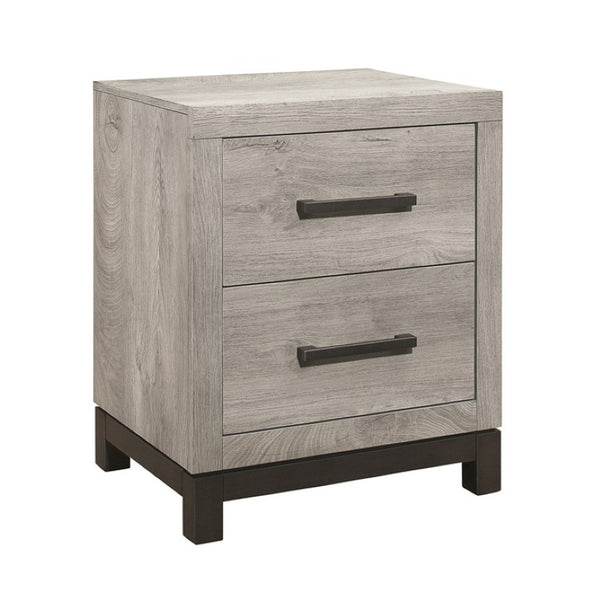 English Elm Queen Panel Bed Set with LED Nightstands in Two-Tone Gray Industrial Style B011S06715