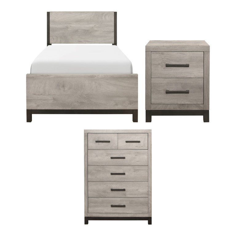 English Elm Twin Panel Bed Nightstand and Chest Set Modern Industrial Gray Melamine with LED B011S06722