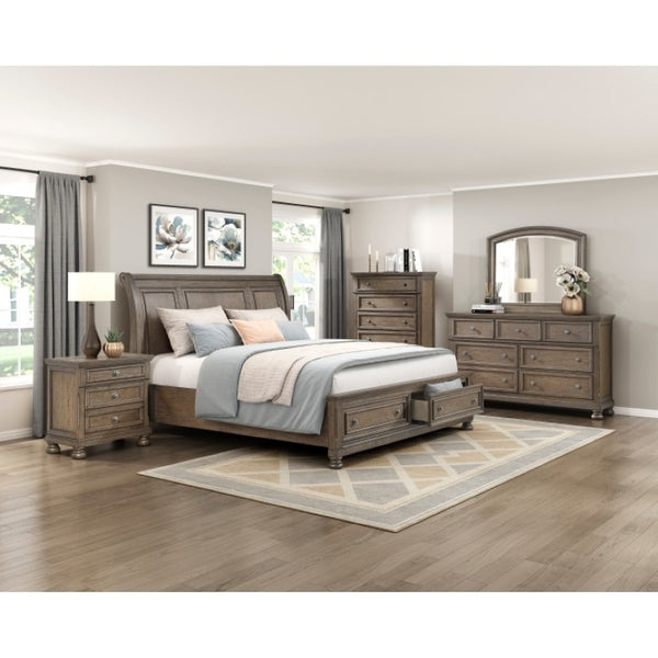 English Elm Queen Sleigh Bed and Nightstand Set Antique Brown Wire Brushed Storage Drawers B011S06731