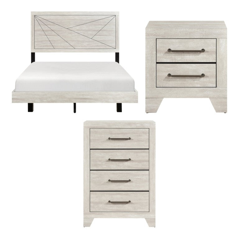 English Elm California King Bedroom Set Three Piece Solid Wood Gray Oak with Silver Pulls B011S06741