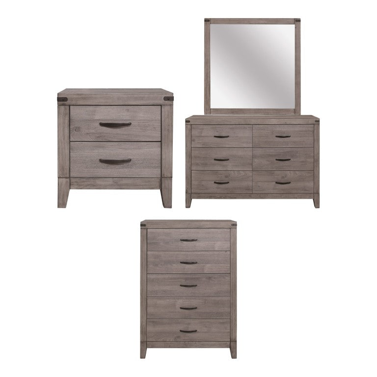 English Elm Night Stand Dresser Mirror and Chest Industrial Bedroom Set with Weathered Gray Finish B011S06749