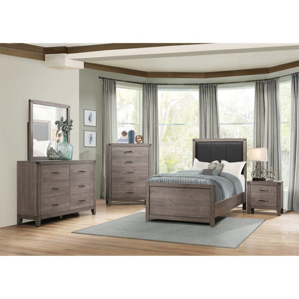 English Elm Night Stand Dresser Mirror and Chest Industrial Bedroom Set with Weathered Gray Finish B011S06749