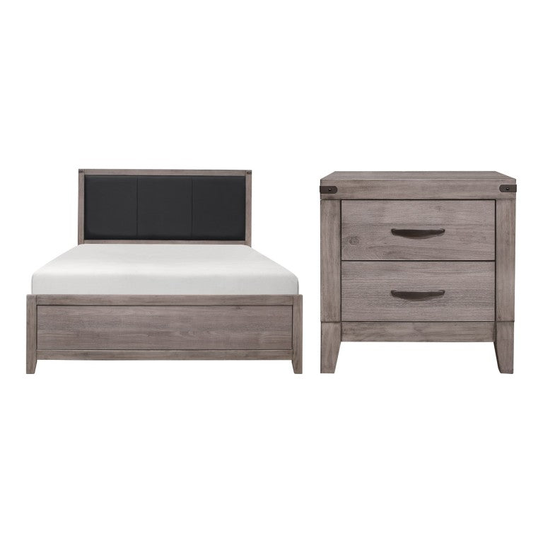 English Elm Queen Bed and Nightstand Set Industrial Loft Style with Faux Leather Headboard B011S06750