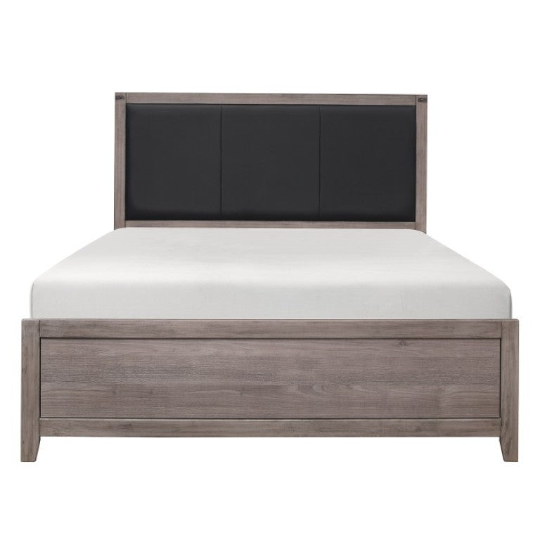 English Elm Queen Bedroom Set with Faux Leather Headboard Weathered Wood Industrial Style B011S06751