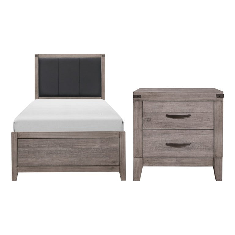 English Elm Twin Bed and Nightstand Set Industrial Faux Leather Headboard Weathered Wood Bedroom B011S06757