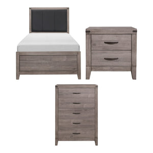 English Elm Twin Bedroom Set with Faux Leather Headboard Metal Accents and Weathered Wood Finish B011S06758