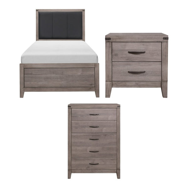 English Elm Twin Bedroom Set with Faux Leather Headboard Metal Accents and Weathered Wood Finish B011S06758