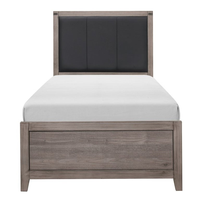 English Elm Twin Bedroom Set with Faux Leather Headboard Metal Accents and Weathered Wood Finish B011S06758