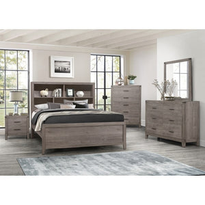 English Elm Queen Platform Bed Set Industrial Style Bookcase Headboard with USB Ports and Nightstands B011S06760