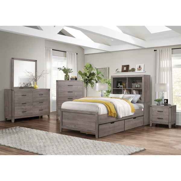 English Elm Twin Platform Bed Set with Bookcase Headboard USB Ports Industrial Weathered Wood B011S06766