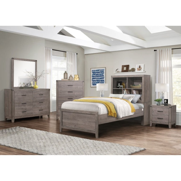 English Elm Twin Platform Bed Set with Bookcase Headboard USB Ports Industrial Weathered Wood B011S06766