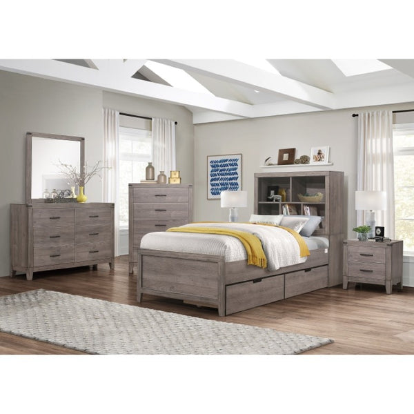 English Elm Twin Platform Bed Set with Bookcase Headboard USB Ports Industrial Weathered Wood B011S06766