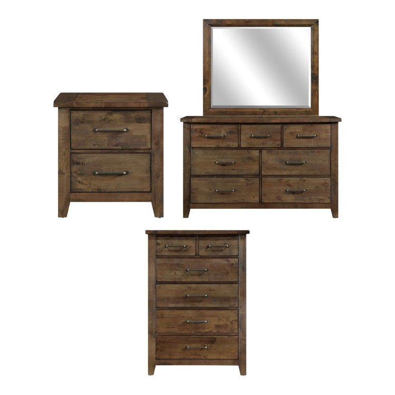 English Elm Night Stand Dresser Mirror and Chest Set Solid Rubberwood Burnished Farmhouse Bedroom B011S06769