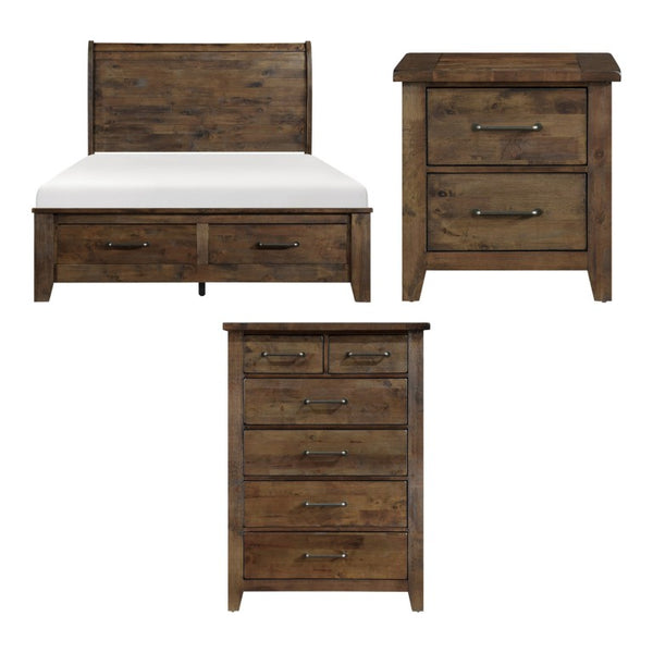 English Elm California King Bedroom Set Solid Rubberwood Plank Design with Antique Brass Hardware B011S06772