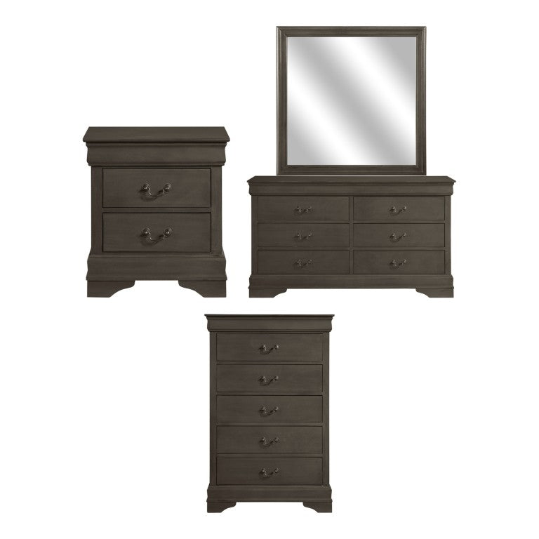 English Elm Night Stand Dresser Mirror and Chest Louis Philippe Bedroom Set in Stained Gray B011S06803