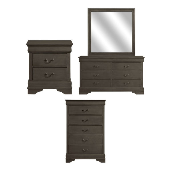 English Elm Night Stand Dresser Mirror and Chest Louis Philippe Bedroom Set in Stained Gray B011S06803
