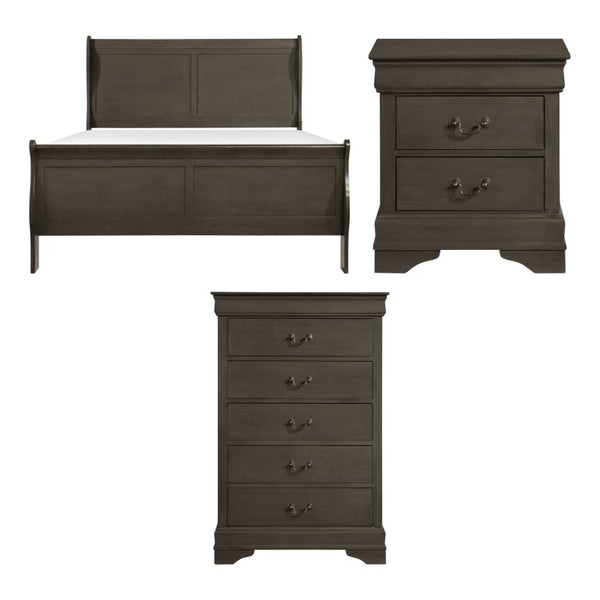 English Elm California King Sleigh Bed Set Louis Philippe Style Gray Veneer with Brass Handles B011S06806