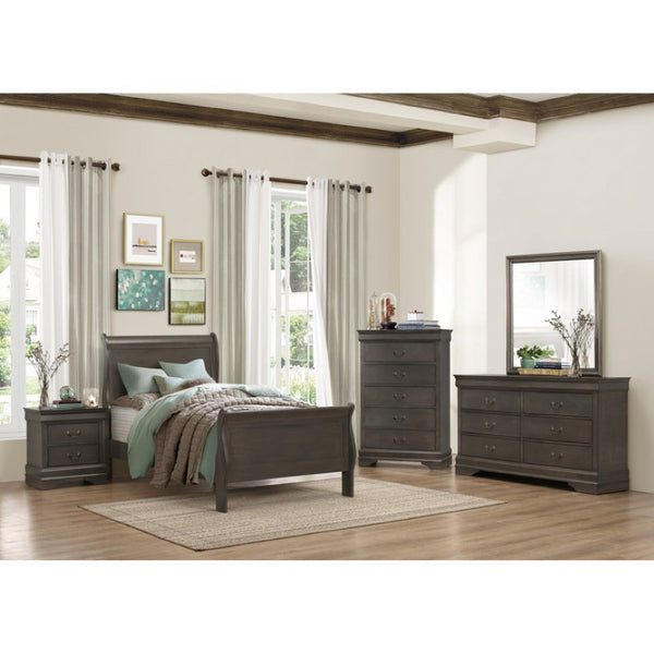 English Elm California King Sleigh Bed Set Louis Philippe Style Gray Veneer with Brass Handles B011S06806
