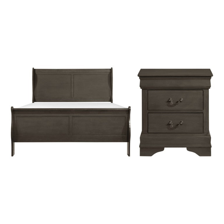 English Elm Queen Sleigh Bed Set with Nightstands Louis Philippe Style Okume Veneer Gray Finish B011S06808