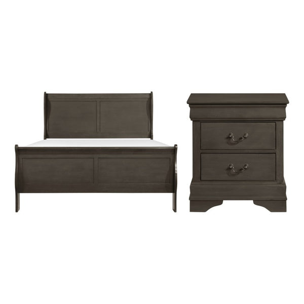 English Elm Queen Sleigh Bed Set with Nightstands Louis Philippe Style Okume Veneer Gray Finish B011S06808