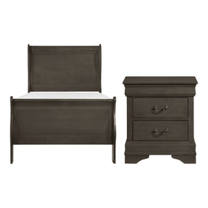 English Elm Twin Sleigh Bed and Nightstand Set Louis Philippe Gray Veneer Bedroom Furniture B011S06813