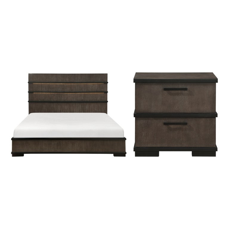 English Elm Queen Bed and Nightstand Set Oak Veneer Industrial Style with LED Headboard B011S06821