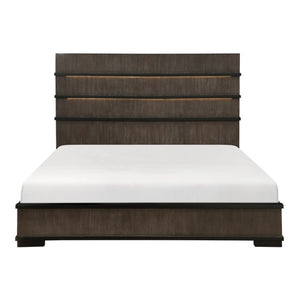 English Elm Queen Bed and Nightstand Set Oak Veneer Industrial Style with LED Headboard B011S06821