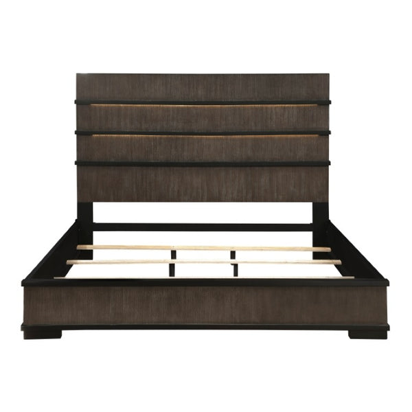 English Elm Queen Bed and Nightstand Set Oak Veneer Industrial Style with LED Headboard B011S06821