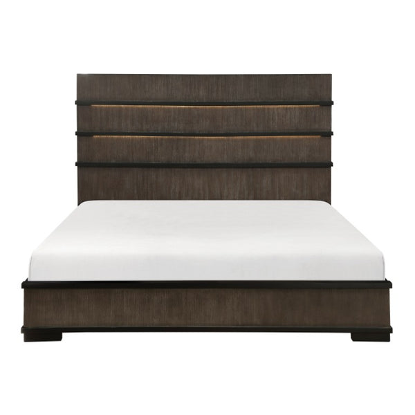English Elm Queen Bedroom Set Oak Veneer Industrial Frame with LED Headboard and Two Nightstands B011S06822