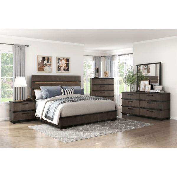 English Elm Queen Bed Nightstand and Chest Set Oak Veneer Industrial Two-Tone LED Bedroom B011S06823