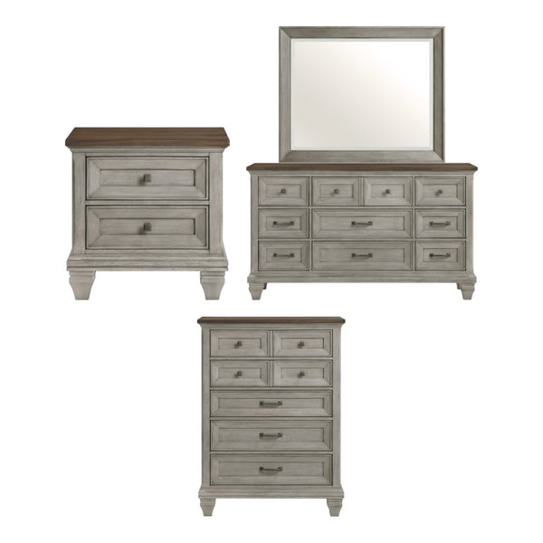 English Elm Night Stand Dresser Mirror and Chest Rustic Acacia Wood Bedroom Set with Antique Pewter B011S06825