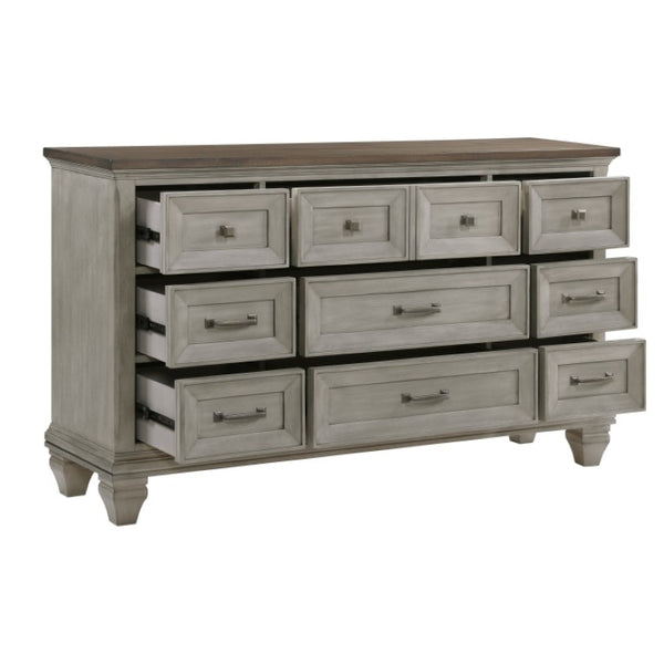 English Elm Night Stand Dresser Mirror and Chest Rustic Acacia Wood Bedroom Set with Antique Pewter B011S06825
