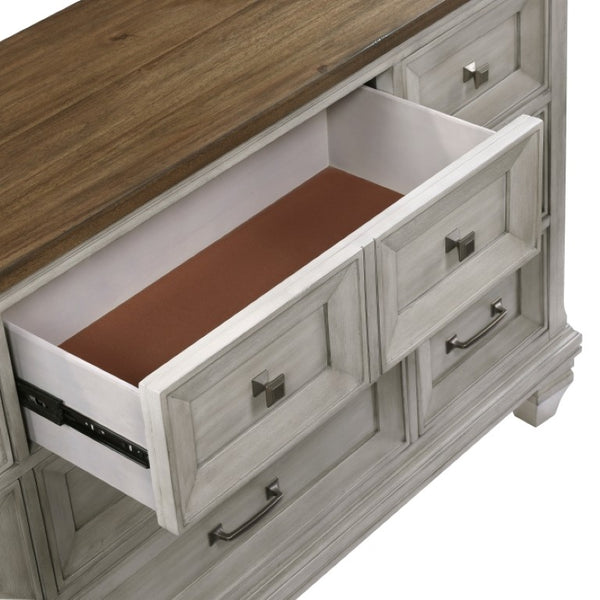 English Elm Night Stand Dresser Mirror and Chest Rustic Acacia Wood Bedroom Set with Antique Pewter B011S06825