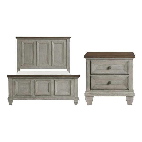 English Elm California King Acacia Wood Panel Bed Set with Nightstands in Rustic Farmhouse Style B011S06830