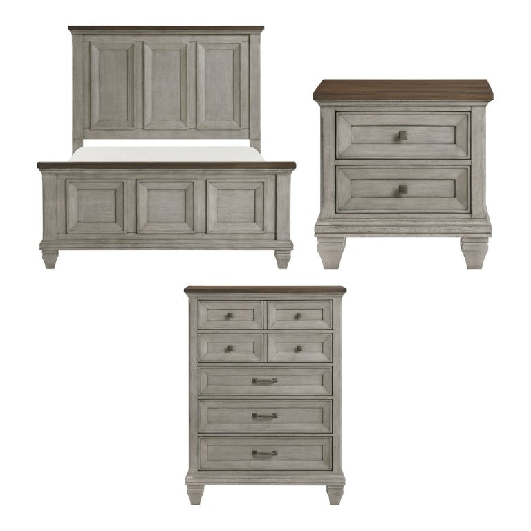 English Elm California King Farmhouse Bedroom Set Acacia Wood Paneled Bed Nightstand Five Drawer Chest B011S06831