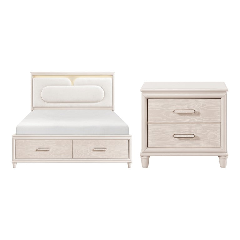 English Elm California King Platform Bed Set with LED Lighting Chenille Headboard and Storage B011S06840
