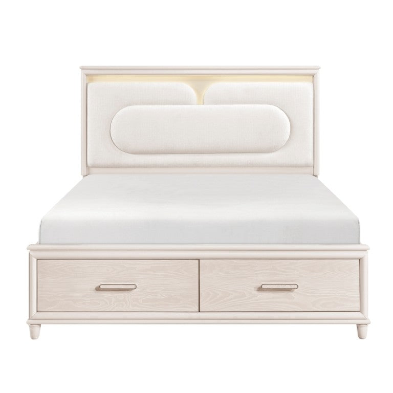 English Elm California King Platform Bed Set with LED Lighting Chenille Headboard and Storage B011S06840