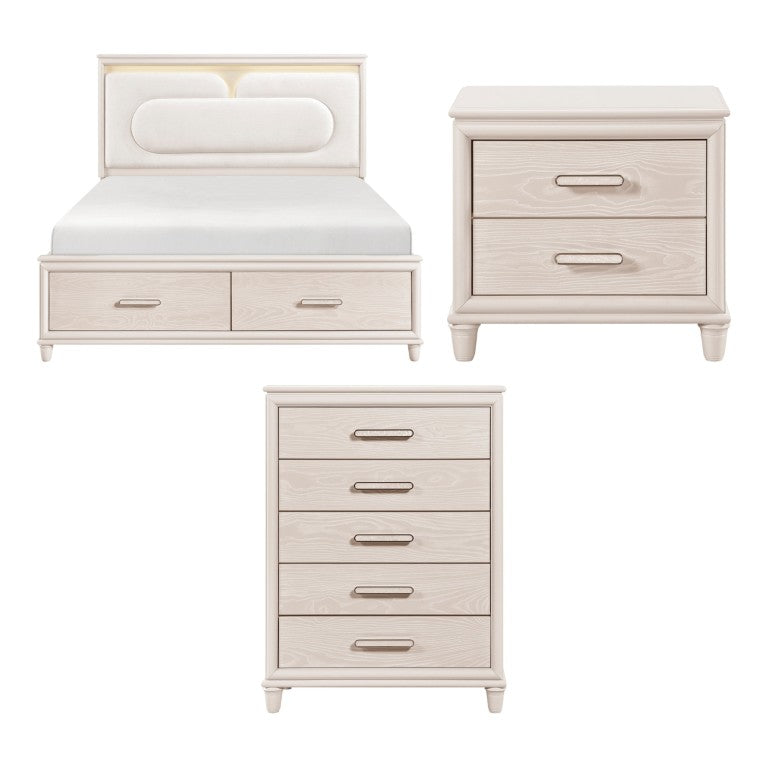 English Elm California King Bedroom Set with Chenille Headboard LED Lighting and USB Charging B011S06842
