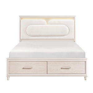 English Elm California King Bedroom Set with Chenille Headboard LED Lighting and USB Charging B011S06842