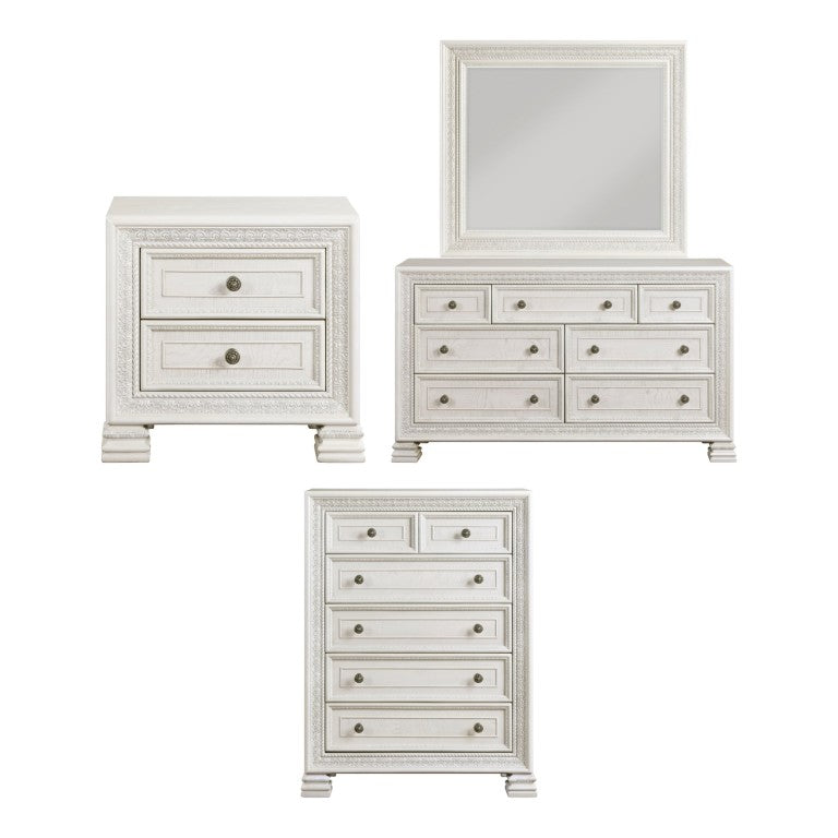 English Elm Night Stand Dresser Mirror Chest Classical Pearl White Bedroom Set with Carved Detail B011S06846