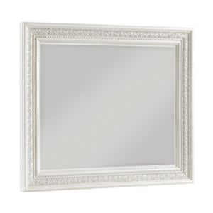 English Elm Night Stand Dresser Mirror Chest Classical Pearl White Bedroom Set with Carved Detail B011S06846