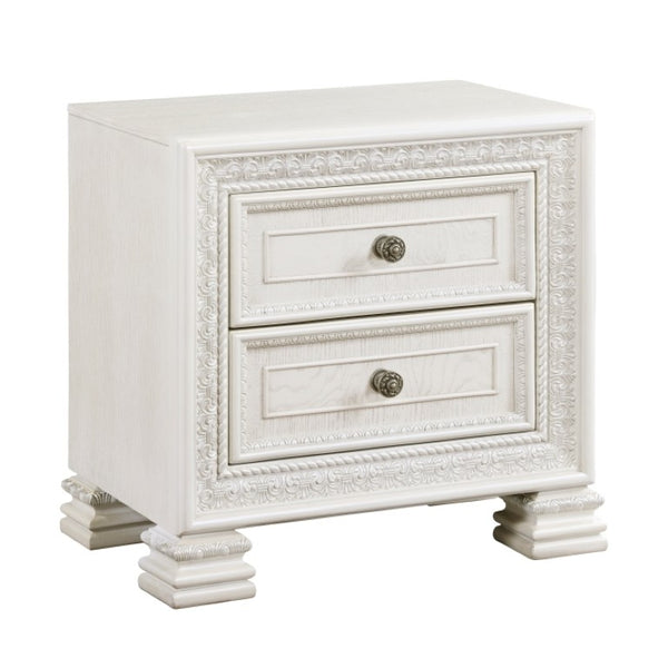 English Elm Night Stand Dresser Mirror Chest Classical Pearl White Bedroom Set with Carved Detail B011S06846