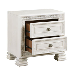 English Elm Night Stand Dresser Mirror Chest Classical Pearl White Bedroom Set with Carved Detail B011S06846