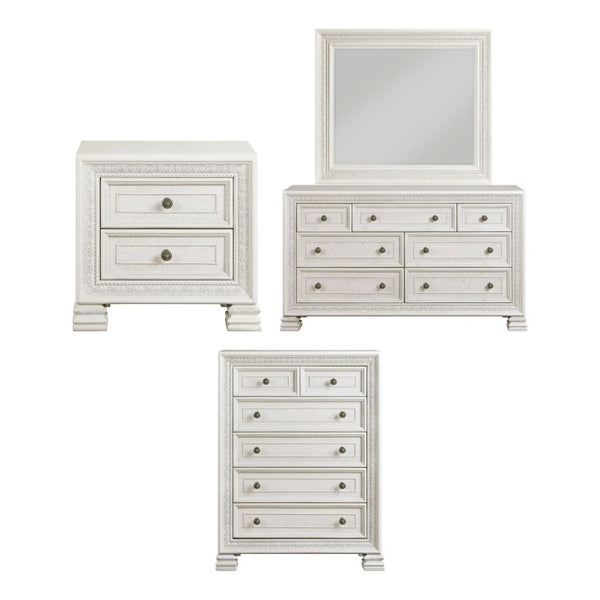 English Elm Night Stand Dresser Mirror and Chest 5 Piece Set Pearl White Classical Carved Bedroom B011S06847