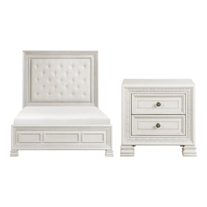 English Elm Eastern King Bedroom Set with Carved Mansion Headboard and Pearl White Ash Veneer B011S06849