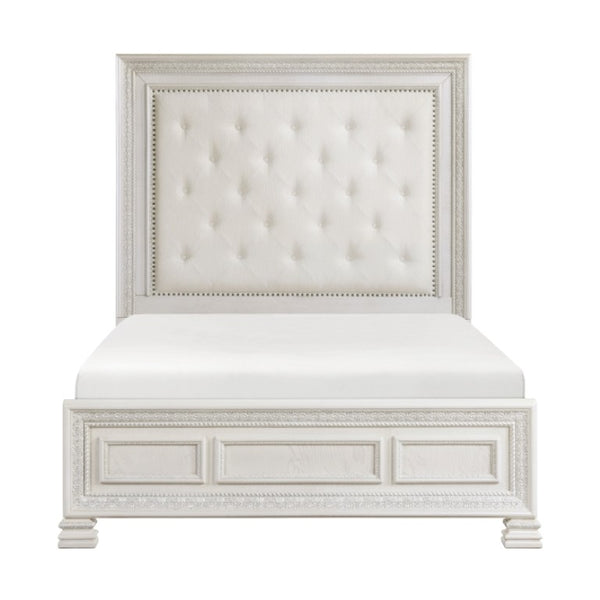 English Elm Queen Mansion Bedroom Set Ash Veneer Pearl White Tufted Headboard with Ornate Molding B011S06855