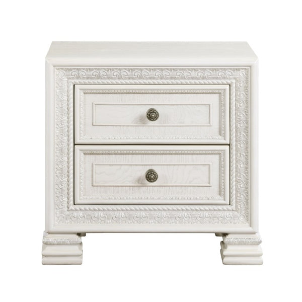 English Elm Queen Mansion Bedroom Set Ash Veneer Pearl White Tufted Headboard with Ornate Molding B011S06855