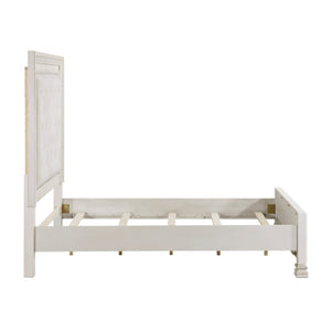 English Elm Queen Mansion Bedroom Set Ash Veneer Pearl White Tufted Headboard with Ornate Molding B011S06855